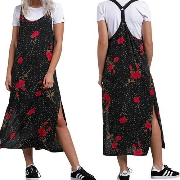 new size L Large Volcom end of the Rose roses flower black polkadot dress - Picture 1 of 5